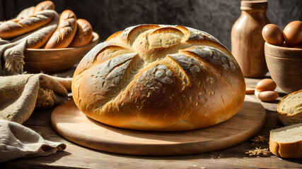 fresh round bread on the table. rustic freshly baked bread	
