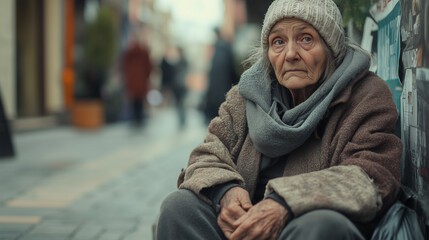 Fototapeta premium Elderly homeless woman is sitting on a busy city street corner, bundled up in warm clothing