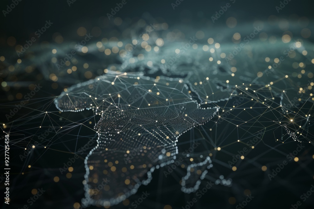 Poster an illuminated world map adorned with lights and lines, illustrating the concept of global interconn