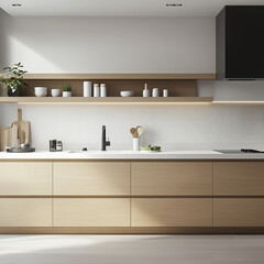 designed to harmonize Japanese and Scandinavian design principles in a minimalist kitchen setting, focusing on kitchenware for home cooking