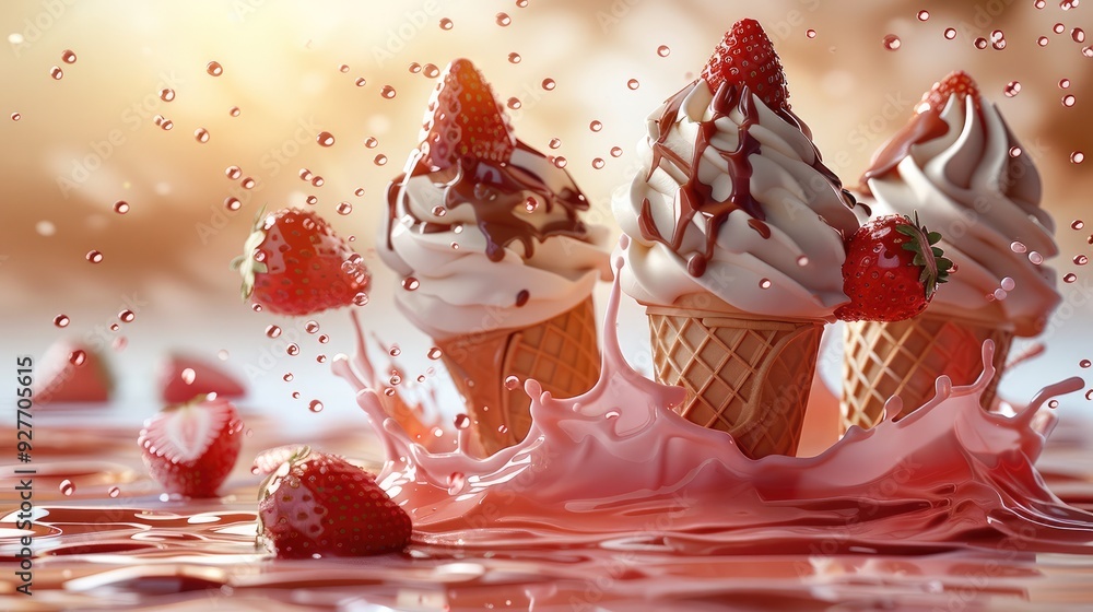 Leinwandbilder 3d realistic ice cream in cone with strawberry, chocolate and vanilla sauce splashes set, color back