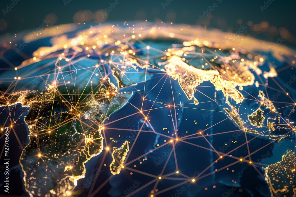 Poster an illuminated world map adorned with lights and lines, illustrating the concept of global interconn