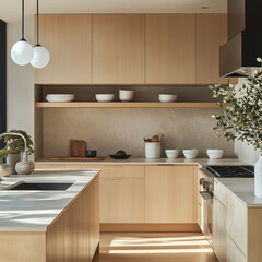 Fototapeta premium designed to harmonize Japanese and Scandinavian design principles in a minimalist kitchen setting, focusing on kitchenware for home cooking