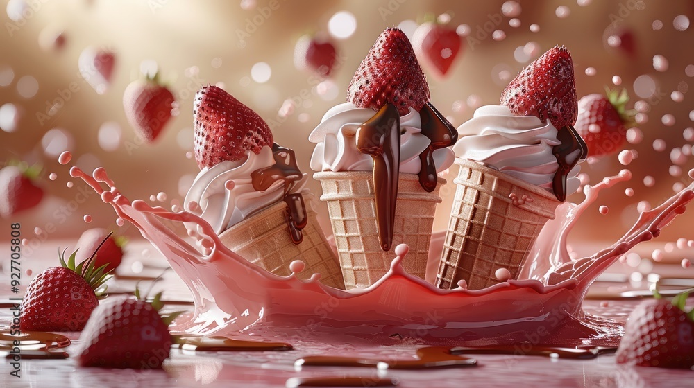 Leinwandbilder 3d realistic ice cream in cone with strawberry, chocolate and vanilla sauce splashes set, color back