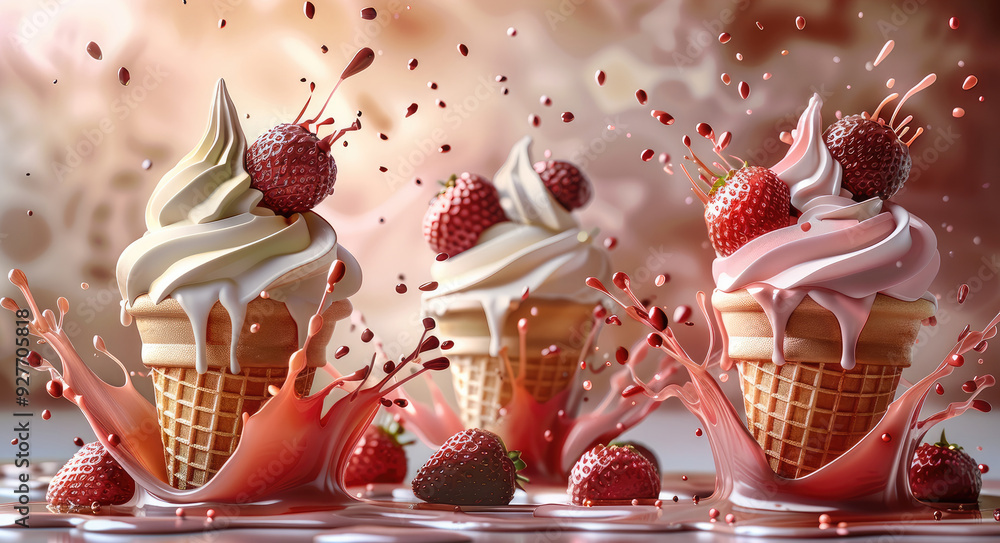 Poster 3d realistic ice cream in cone with strawberry, chocolate and vanilla sauce splashes set, color background, copy space for text. Generative AI.