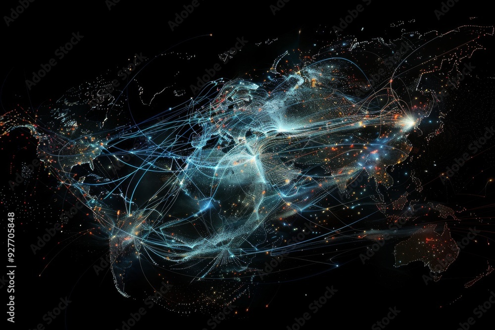 Poster a world map showcasing vibrant lights and lines, highlighting the intricate web of global relationsh