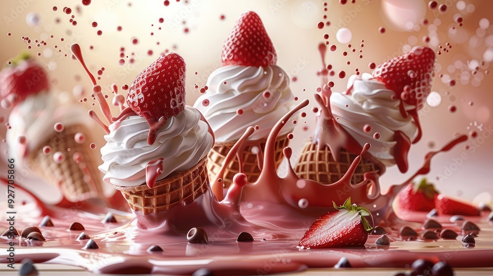Poster 3d realistic ice cream in cone with strawberry, chocolate and vanilla sauce splashes set, color background, copy space for text. Generative AI.