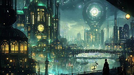 Obraz premium A digital clockwork city with intricate machinery and glowing circuitry