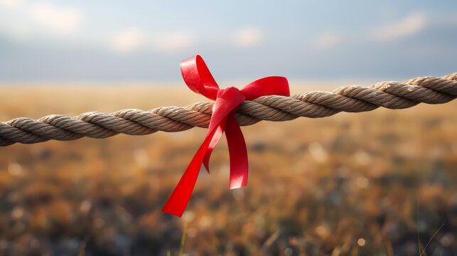 Long tug of war rope pulled tight, with red ribbon tie