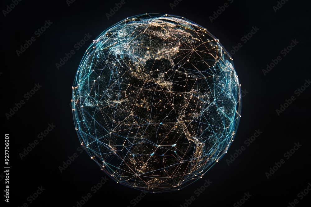 Poster a world map showcasing vibrant lights and lines, highlighting the intricate web of global relationsh