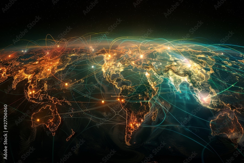 Aufkleber a world map showcasing vibrant lights and lines, highlighting the intricate web of global relationsh