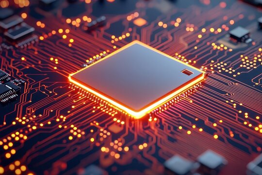 Quantum computing chip, glowing efficiency indicators, illustration