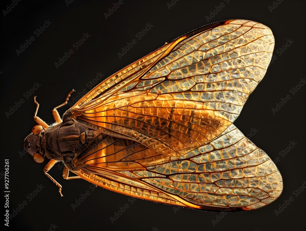Poster close up cicada wing with intricate textured patterns on black background