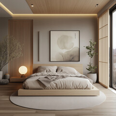 A minimal Japandi bedroom with a koset seamlessly blends Japanese simplicity and Scandinavian functionality