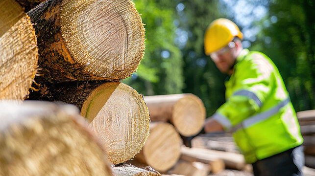 a worker inspecting freshly cut Paulownia logs in the forest, mass wood production industry