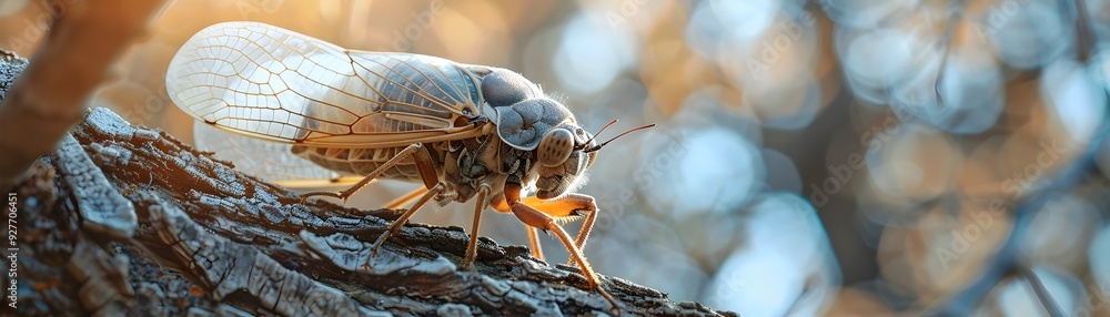 Poster close up view of a captivating cicada with intricate wing patterns clinging to a tree branch
