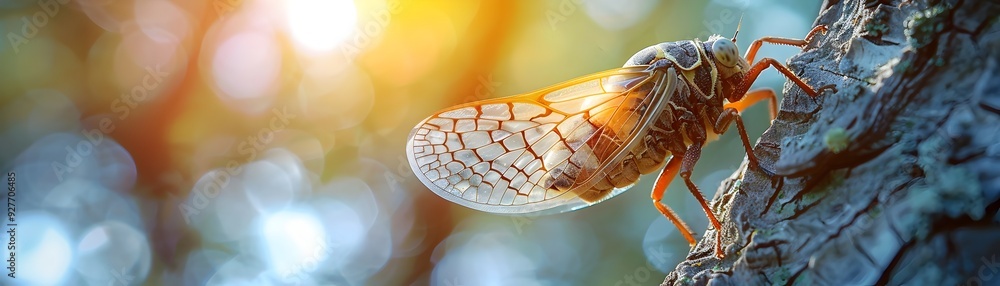 Poster captivating close up of a cicada with transparent wings clinging to a tree branch