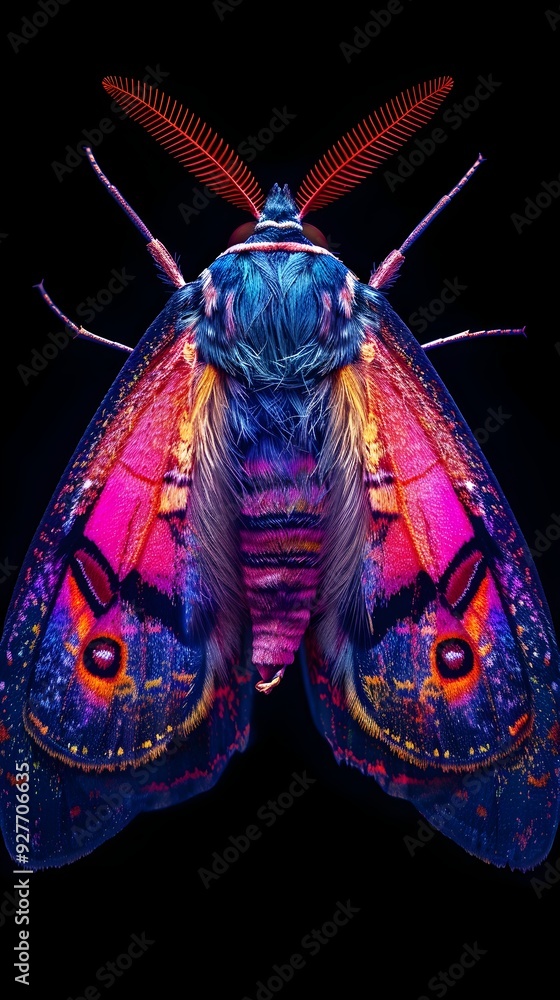 Poster neon colored moth with intricate wing patterns illuminated against black background