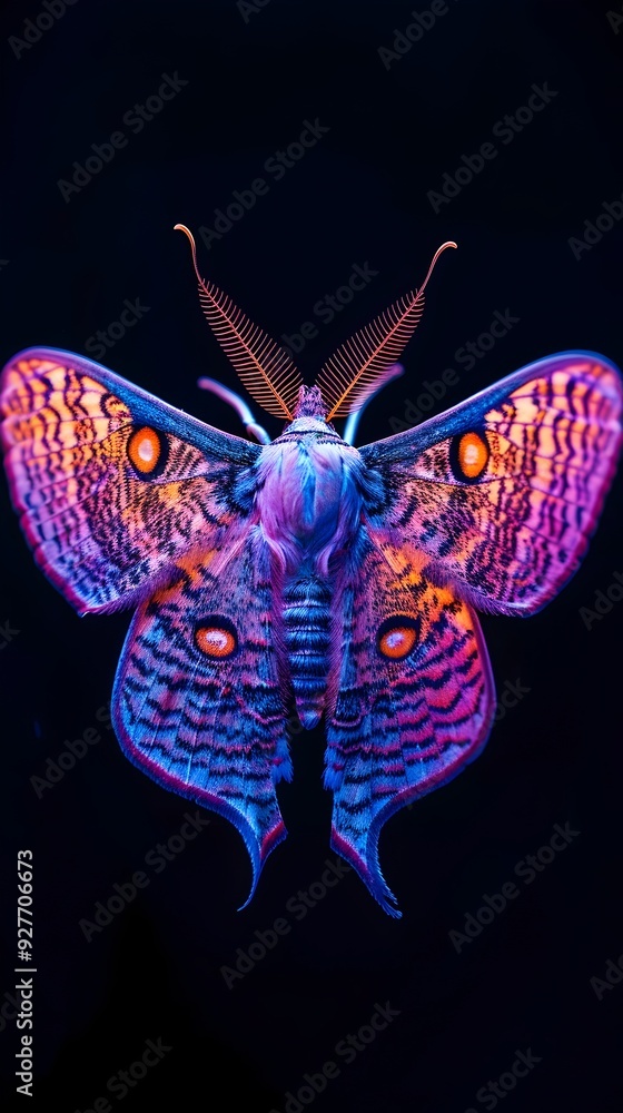Poster neon colored moth with intricate wing patterns illuminated against a dark background