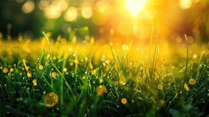 Morning sunshine on dewy green grass