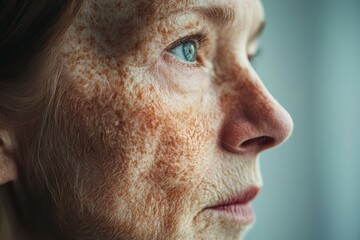 Obraz premium A conceptual image where a youthful face merges seamlessly with an elderly face. The smooth transition between the two represents the passing of time. The background is neutral, allowing for plenty