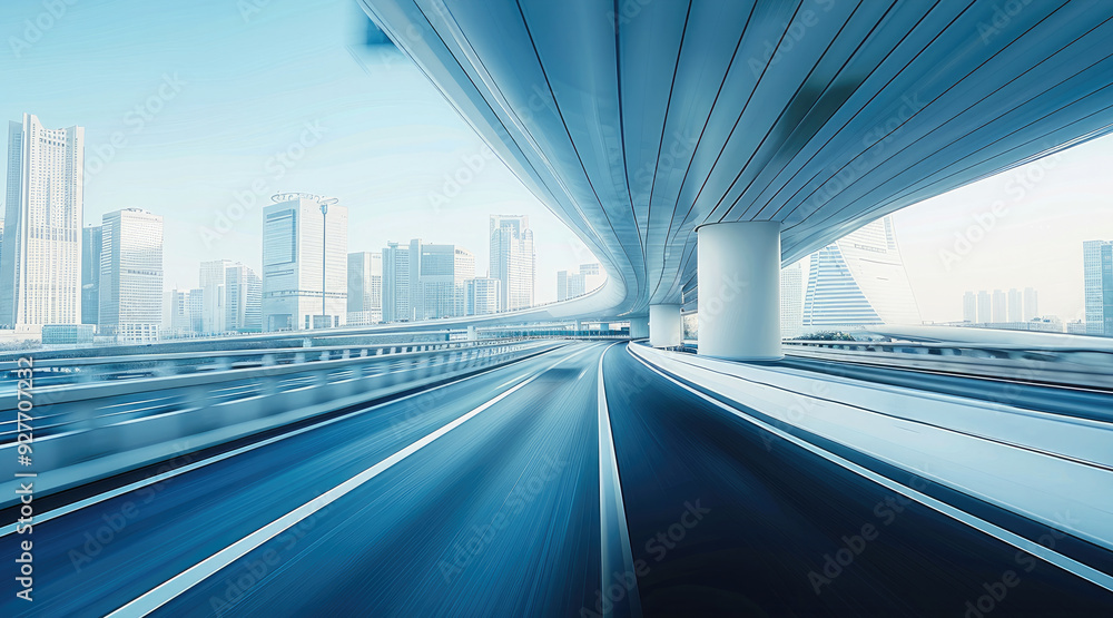 Poster highway overpass motion blur effect with modern city skyline background. generative ai.