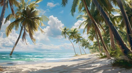 Idyllic shore surrounded by slender palm trees