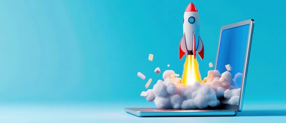 Rocket Launching from Laptop Symbolizing Startup or Innovation