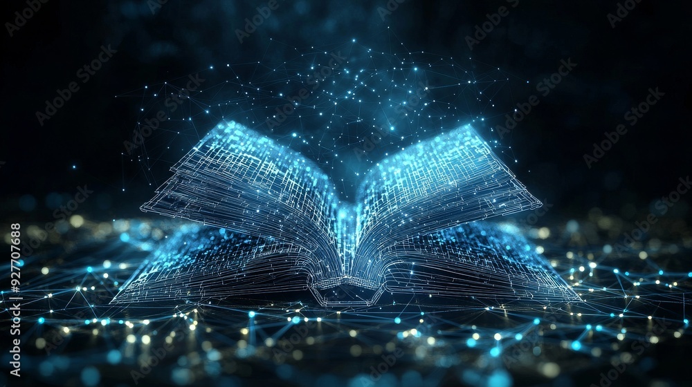 Poster digital wireframe book with glowing light particles and futuristic network design