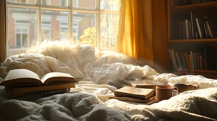 Sunlight Streaming Through a Window onto a Cozy Bed with Books and a Mug