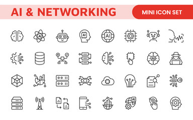 Artificial intelligence and Networking technology icon set. AI and networking editable line icon illustration.