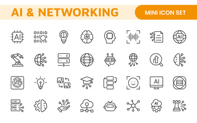 Artificial intelligence and Networking technology icon set. AI and networking editable line icon illustration.