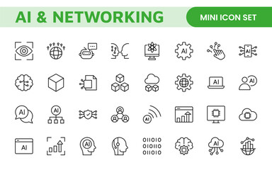 Artificial intelligence and Networking technology icon set. AI and networking editable line icon illustration.