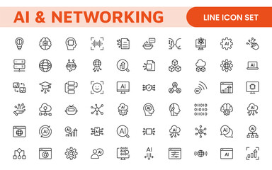 Artificial intelligence and Networking technology icon set. AI and networking editable line icon illustration.