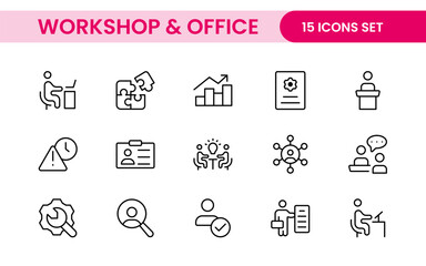 Workshop and Office related outline icon collection. Editable line icon set.