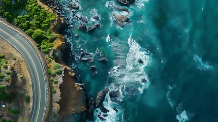 Aerial view of curved asphalt road near sea or ocean, coastline