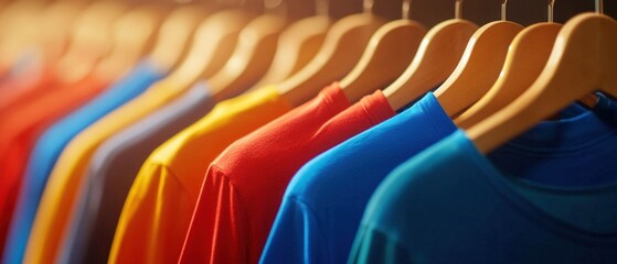 Colorful T-shirts Hanging on Wooden Hangers in a Row