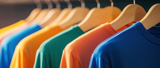 Colorful T-shirts Hanging on Wooden Hangers in a Row