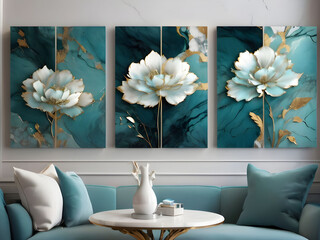 A three-panel wall art with flowers designs on a marble background.