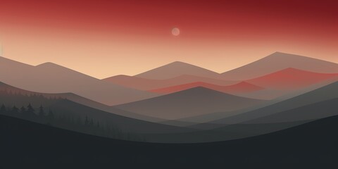 Silhouetted mountain range with a glowing moon in a red sky.