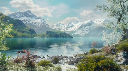 Spring young greenery and flowering trees around crystal