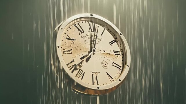 Classic round clock with Roman numerals, drenched in rain, symbolizing the passage of time
