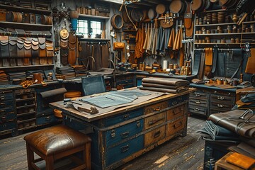 A leather shop with a desk and a chair