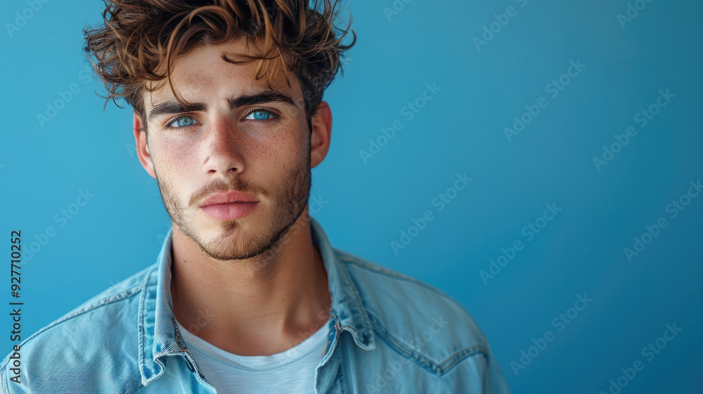 Canvas Prints Young Handsome male portrait, isolated blue background. Generative AI.