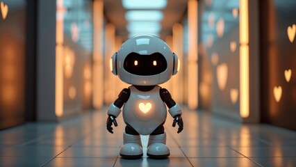 Cute Robot with Glowing Heart in Futuristic Hallway