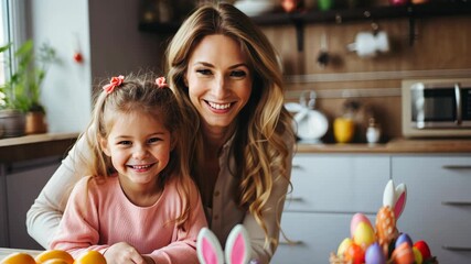 A mother and daughter share smiles as they decorate vibrant Easter eggs together, surrounded by a joyful atmosphere filled with holiday spirit