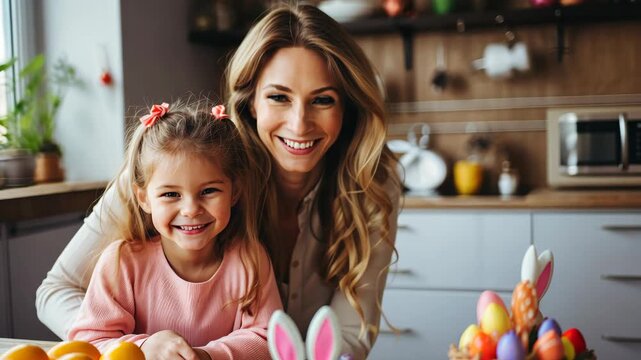 A mother and daughter share smiles as they decorate vibrant Easter eggs together, surrounded by a joyful atmosphere filled with holiday spirit