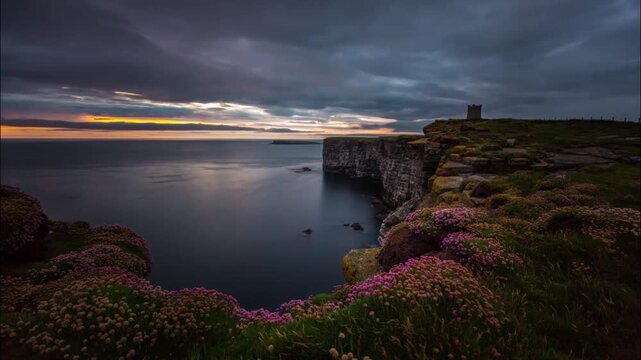 Sunset with Sea Pinks taken at Kitchener's Memorial in Marwick Orkney HD Time Lapse.