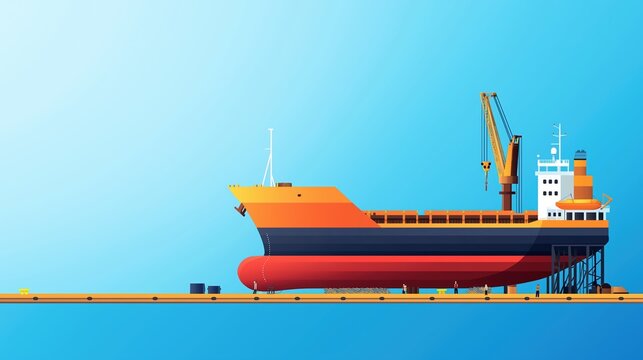 Cargo ship in dry dock, maintenance scene, flat design illustration