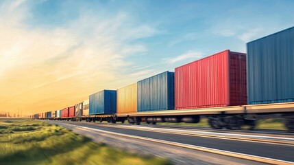 Fototapeta premium Freight train, containers in motion, countryside, 3D illustration